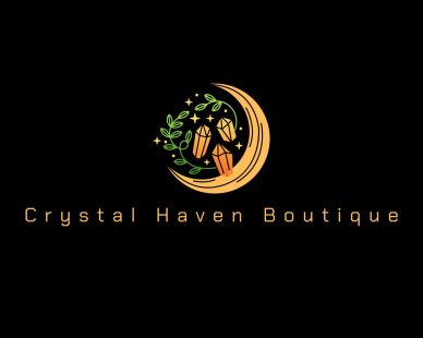 Elegant logo of Crystal Haven Boutique with crescent moon and crystals.