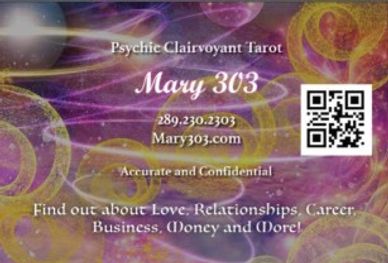 Business card for Psychic Clairvoyant Tarot Mary 303.