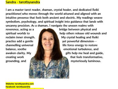 Portrait of Sandra, a tarot reader and healer with a warm smile.