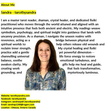 Sandra, a master tarot reader and Reiki practitioner highlighting her skills and location.