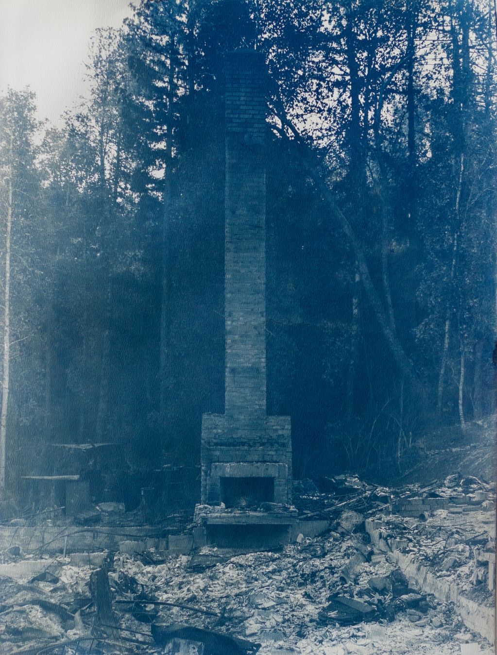 A lone brick chimney stands amid the ruins of a burned-down house in a forest.