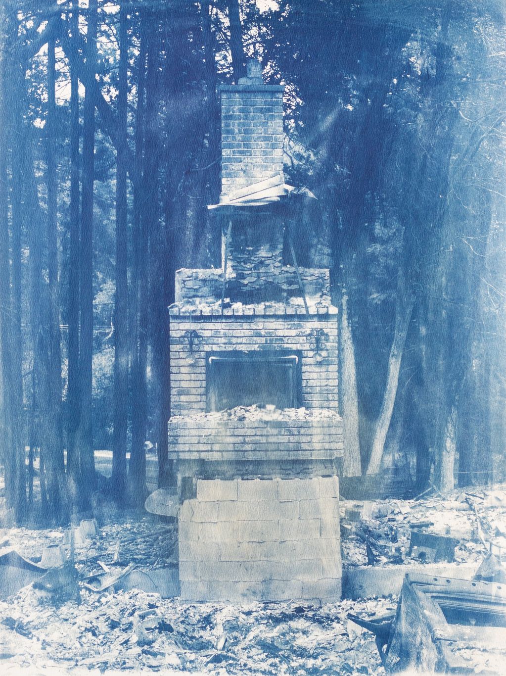 Ruined brick chimney stands amidst burnt debris in a forest.