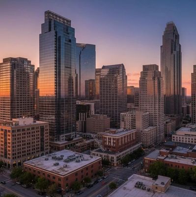 City skyline at sunset with tall buildings and a colorful sky.