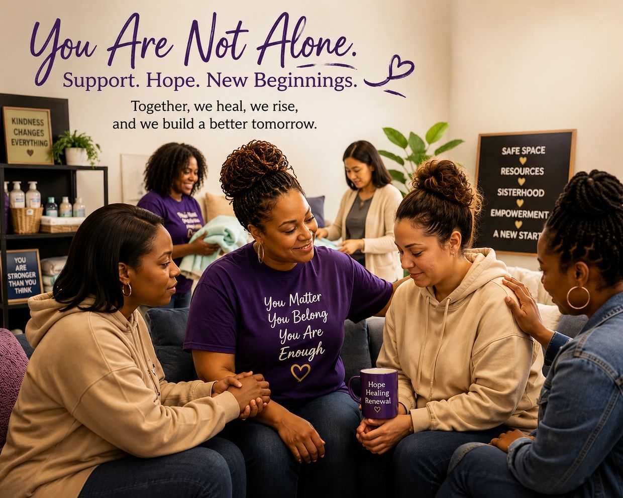 Supportive group of women in a healing space.