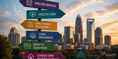City skyline with colorful service signposts in foreground.