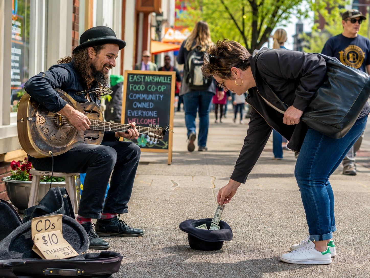 Street musician smiling as a passerby tips him on a sunny day.