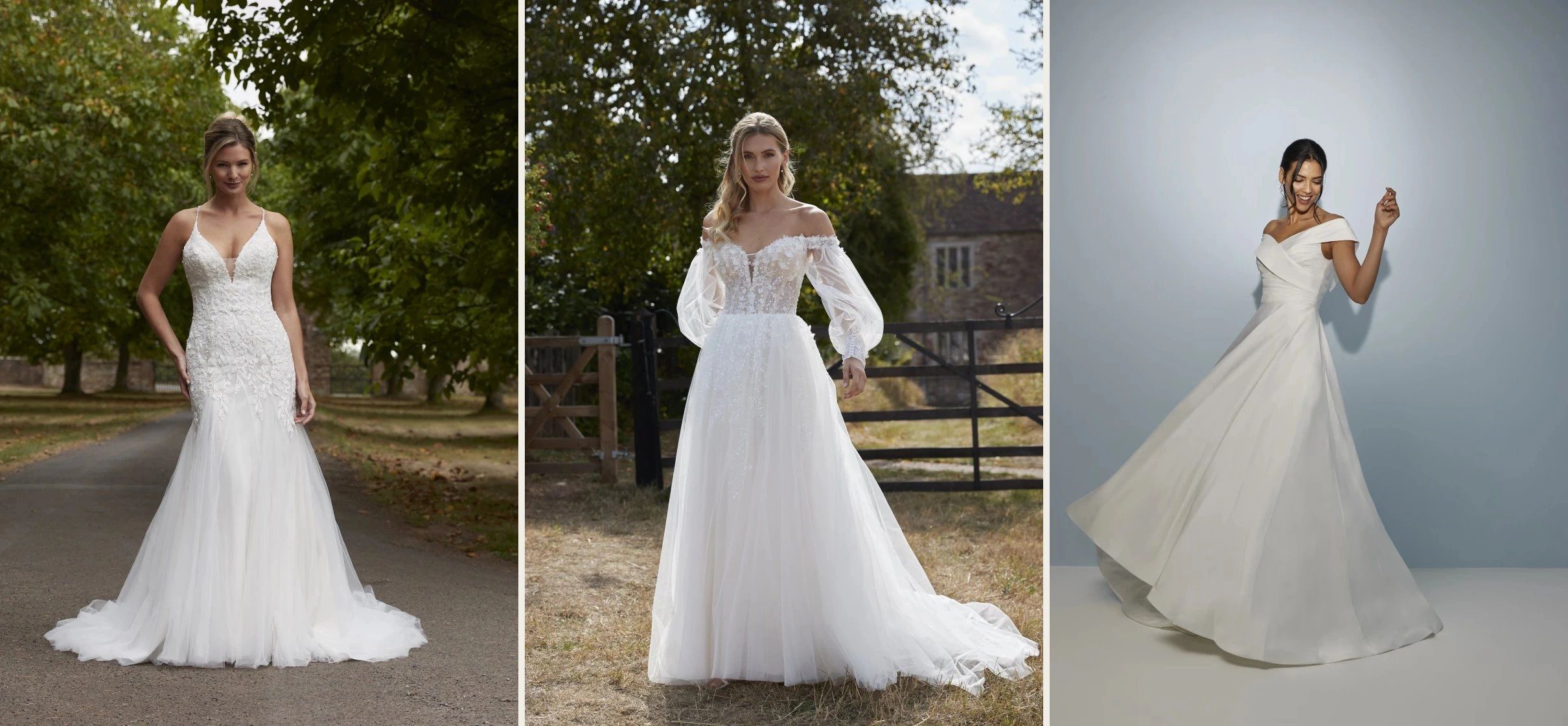 Designer ball gowns and fit-and-flare wedding dresses near Telford
