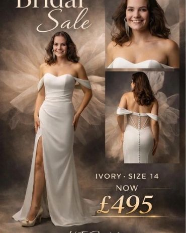 Ivory off-the-shoulder satin wedding dress with leg split, size 14, in the sale at £495, K.T. Bridal