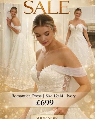 Romantica off-the-shoulder ivory wedding dress, size 12/14, in the sale at £699, K.T. Bridal near Te