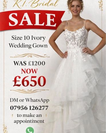 Size 10 ivory lace wedding gown in the K.T. Bridal sale, was £1200 now £650, Broseley near Telford