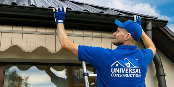 Universal Construction worker installing gutters on a home in Edina, MN