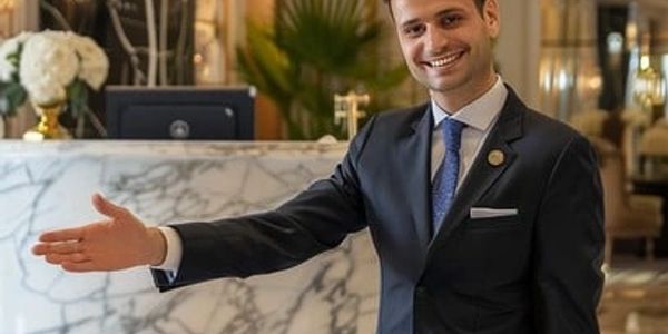 A smiling man in a suit welcoming guests in a luxurious hotel lobby.