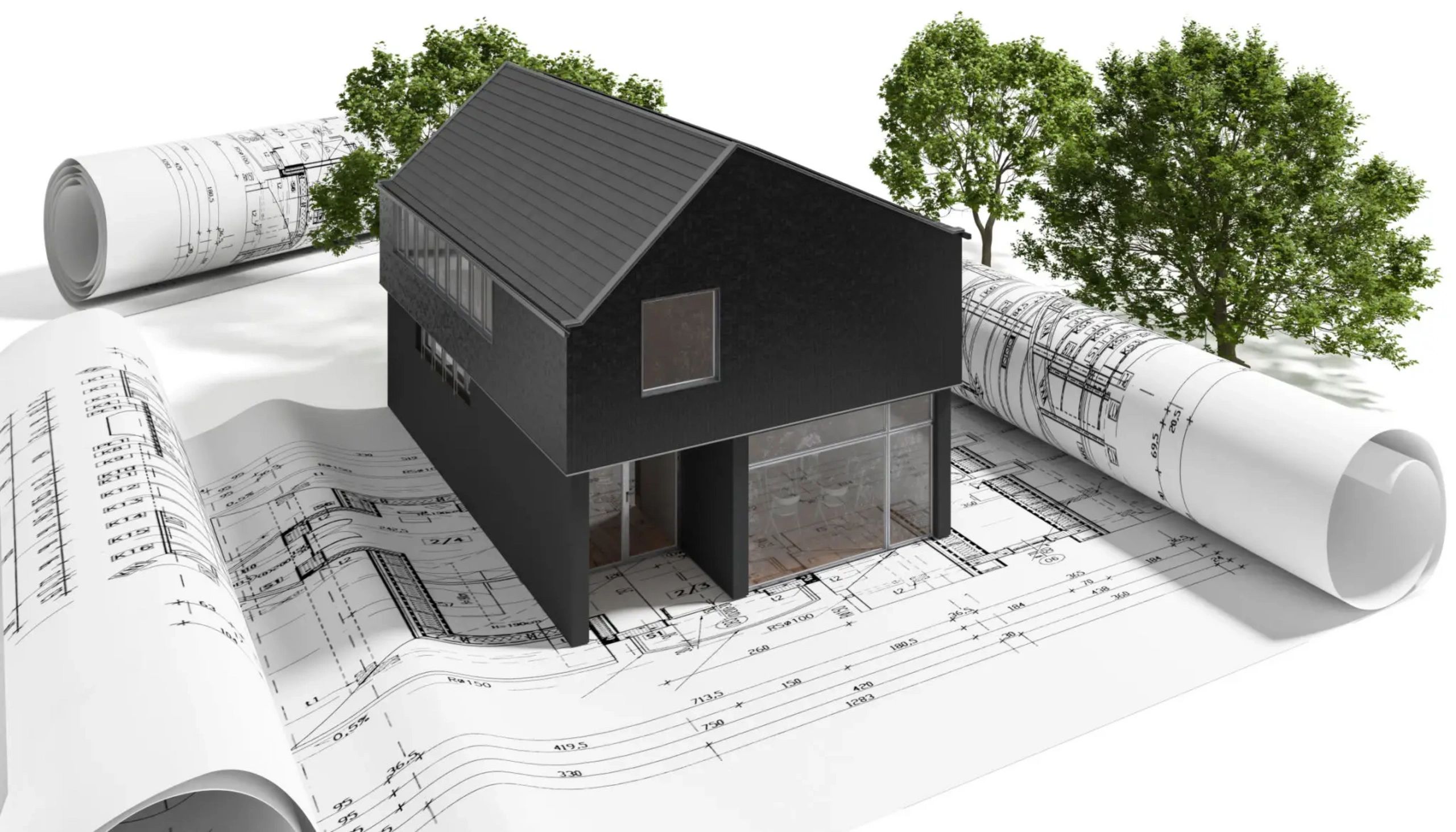 Black modern house model on architectural blueprints with green trees.
