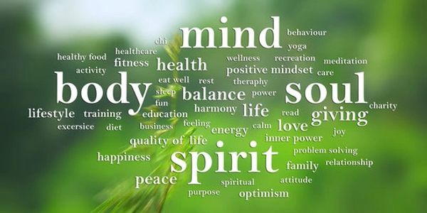Word cloud highlighting mind, body, soul, and spirit with related wellness terms.