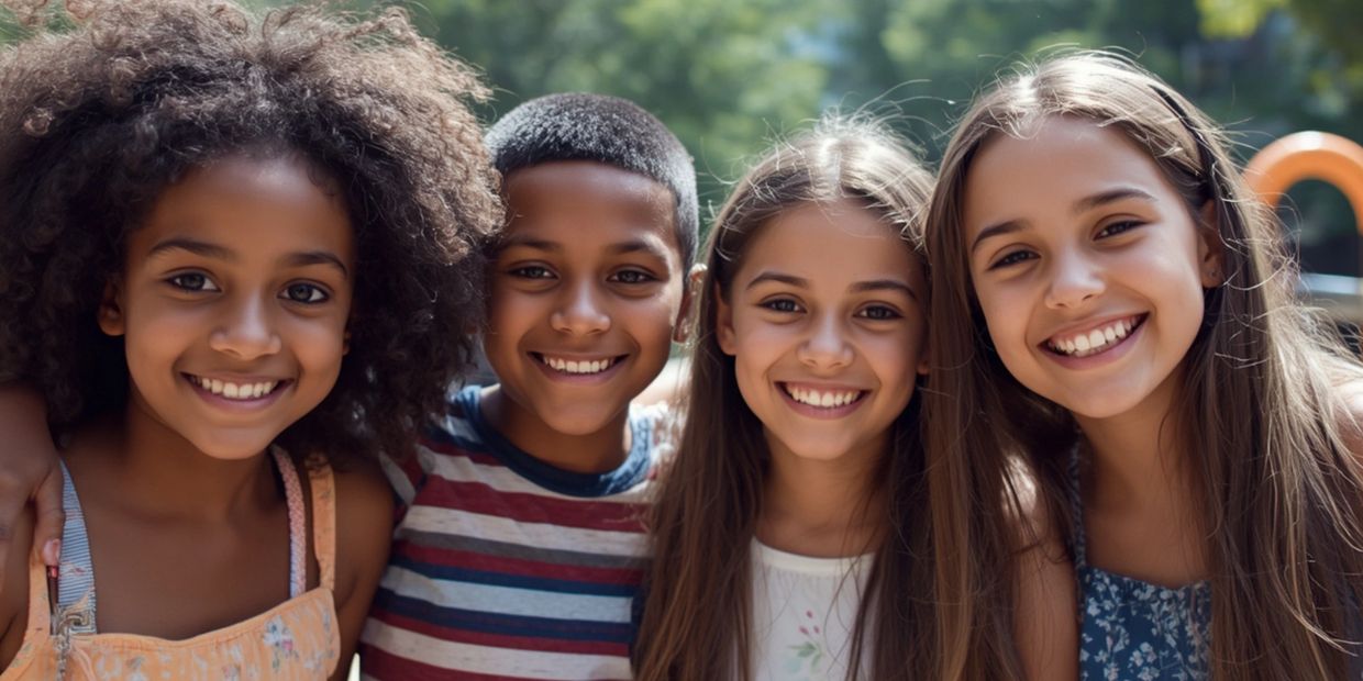 Four smiling children standing closely together outdoors.