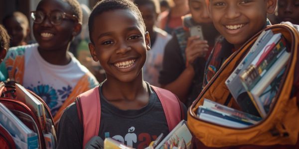 Happy children with school supplies and backpacks.