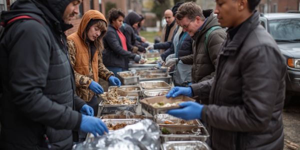 Volunteers serving food outdoors in a community event.