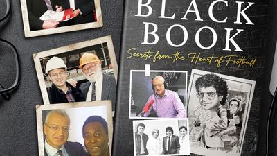 A book titled 'The Black Book' by Harry Harris surrounded by photos and office items.