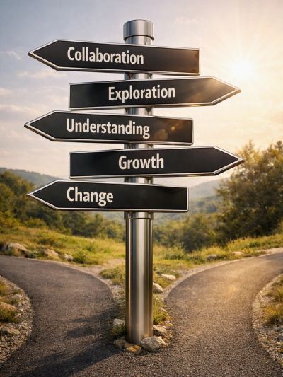 Signpost with arrows showing collaboration, exploration, understanding, growth, and change.