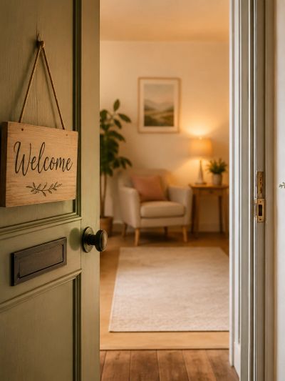 Cozy home entrance with a welcome sign.