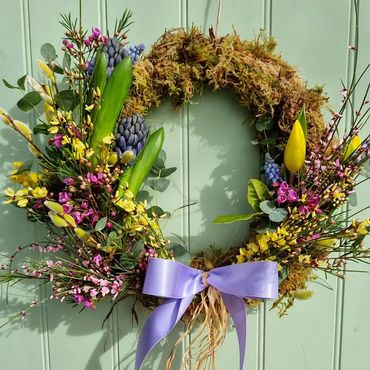 Spring wreath with fresh flowers delivered to Chalke Valley