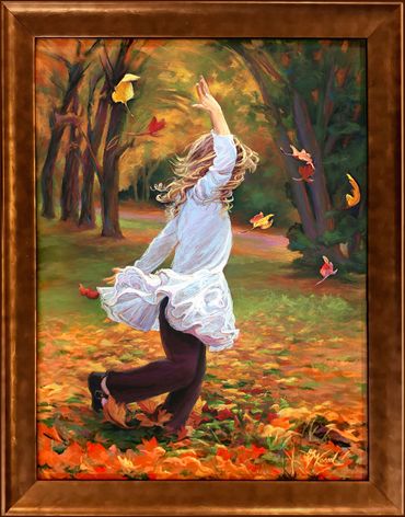 pastel painting of a girl playing in leaves