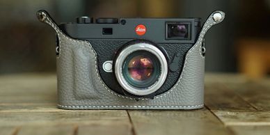 Leica camera in Shrunken Calf Grey leather case