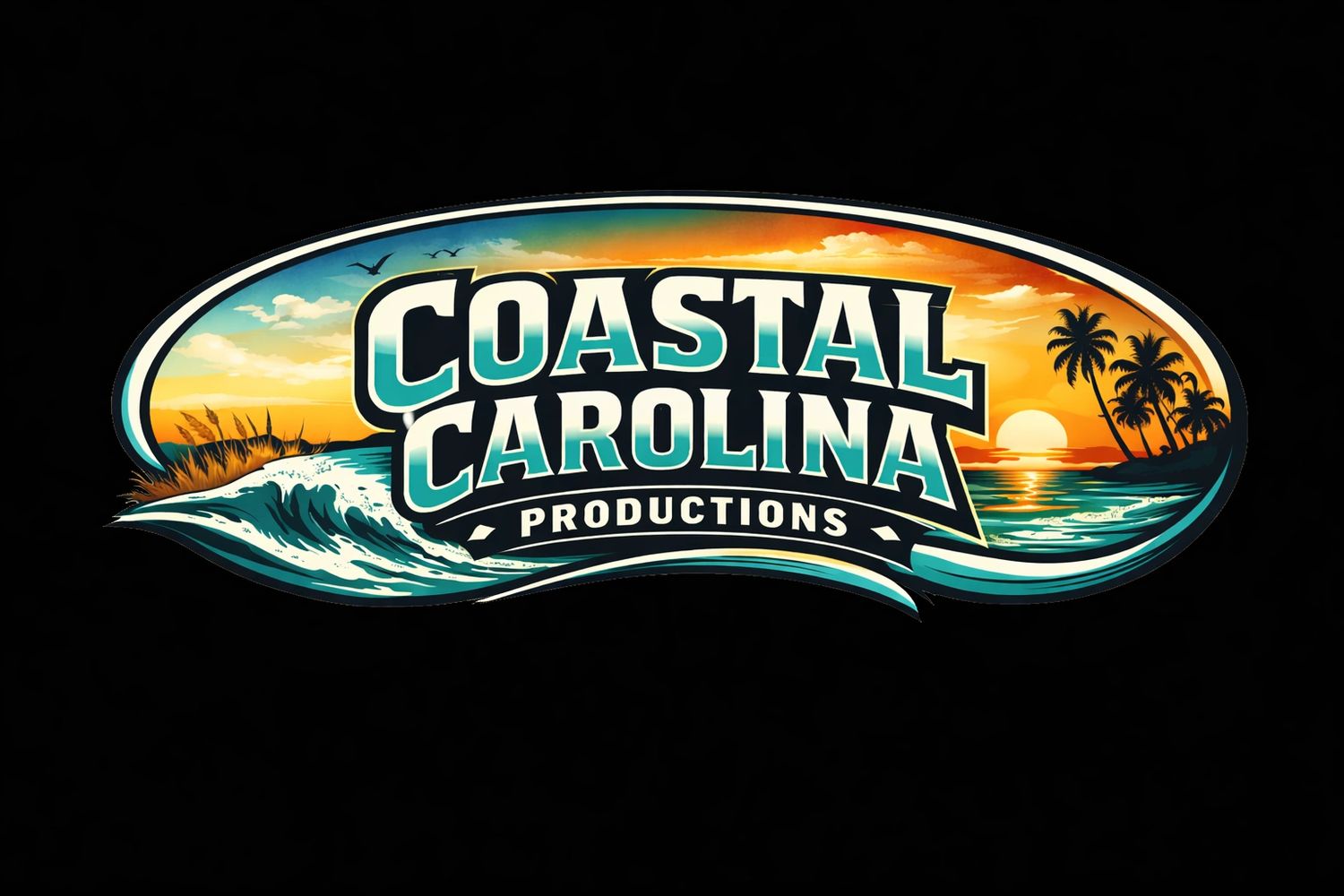A vibrant Coastal Carolina Productions logo with ocean waves and a sunset.