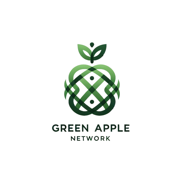 Green Apple Network logo with intertwined green ribbons forming an apple shape.