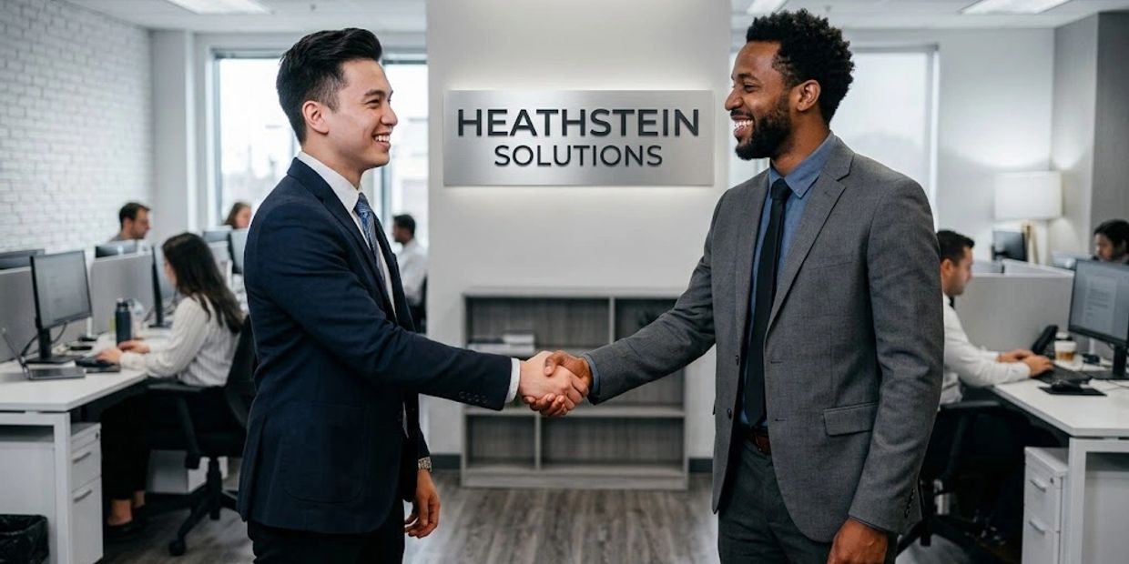 Two businessmen shaking hands in an office.