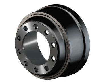 A shiny black metal brake drum with multiple bolt holes.