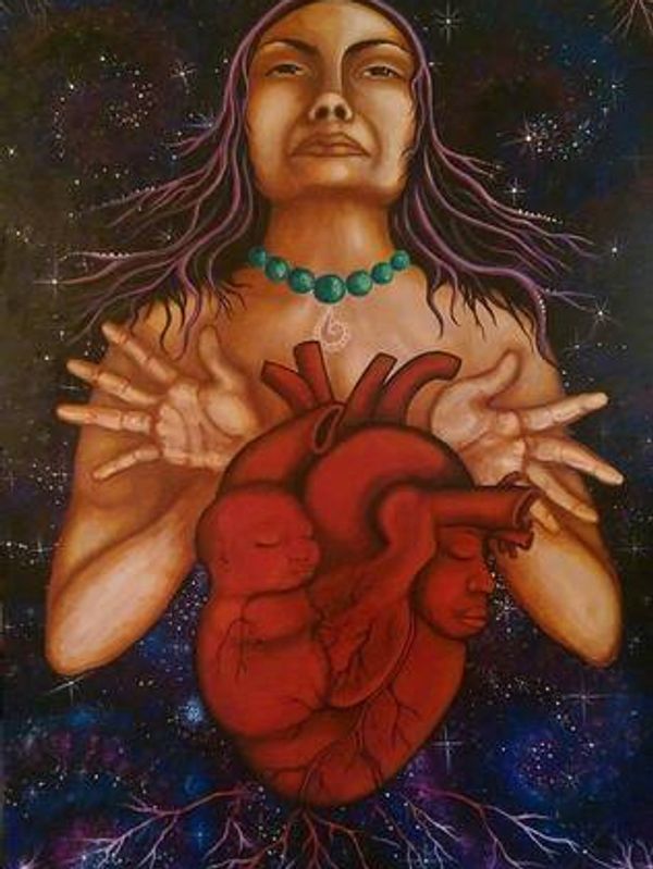 A mystical figure with an anatomical heart containing a fetus and a face.