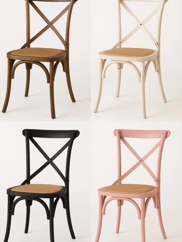 Set of four cross-back chairs in brown, white, black, and pink with woven seats.