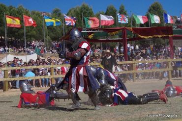 Medieval knights in armor engage in combat during a reenactment event with flags and spectators.