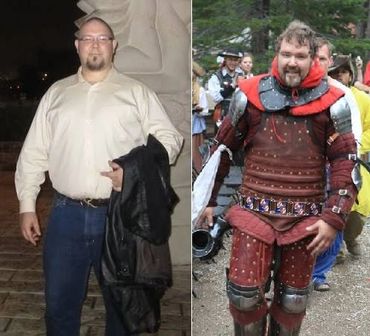 Man before and after dressing in medieval armor with a red cape.