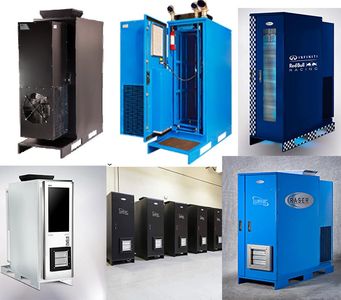 Various industrial refrigeration and cooling units shown in different settings and designs.