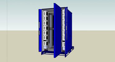3D model of a blue electrical cabinet with multiple circuit breakers inside.