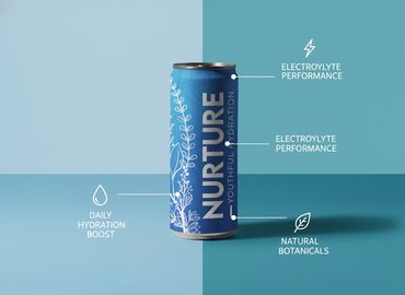Blue can of Nurture drink highlighting hydration and natural botanicals.