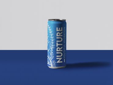 Blue can of Nurture youthful hydration drink with white floral design.