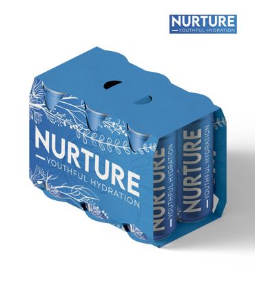 Blue six-pack drink packaging labeled "NURTURE Youthful Hydration."