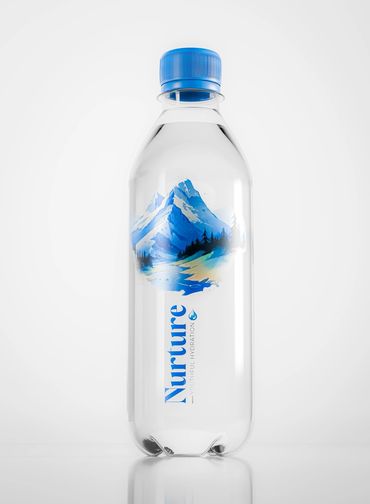 Clear water bottle with mountain illustration and blue cap labeled 'Nurture'.
