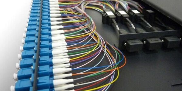 Cables de fibra óptica conectados en un panel.