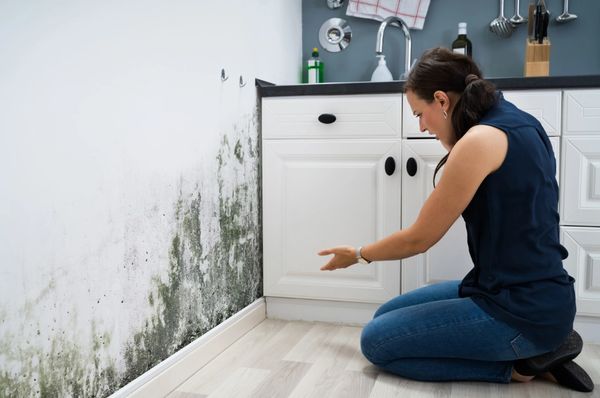 Woman looking at mold wall damage in the kitchen