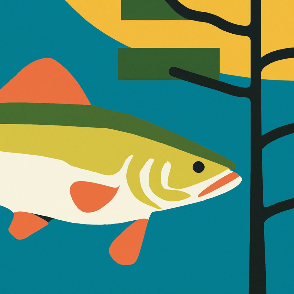 Colorful abstract fish swimming near a stylized tree in an artistic underwater scene.