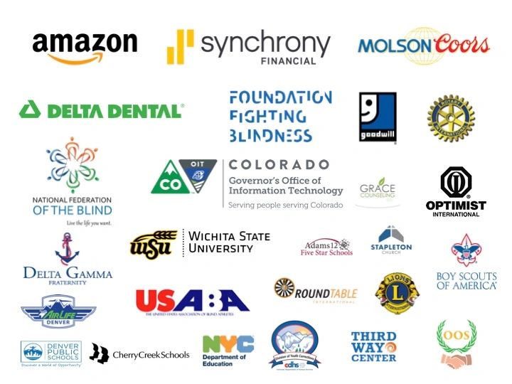 Business Logos: Amazon, Synchrony, Coors, Delta Dental, Foundation Fighting Blindness, and others.