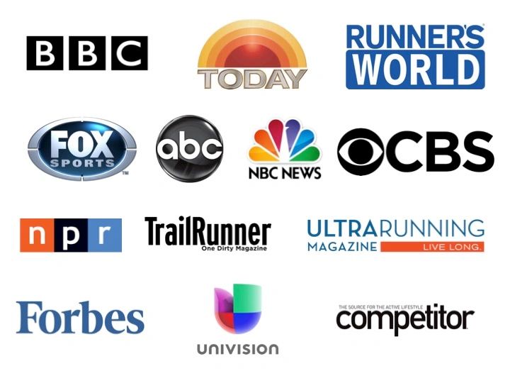 Business logos: BBC, Today, Runner's World, Fox Sports, ABC, NBC News, CBS, NPR and others.