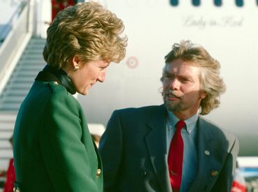 Richard Branson talks with Princess Diana following a flight on Aribus named after her..London, Engl