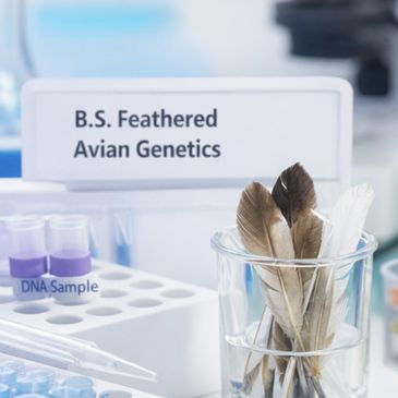 Lab setup with feathers and DNA samples labeled 'B.S. Feathered Avian Genetics'.