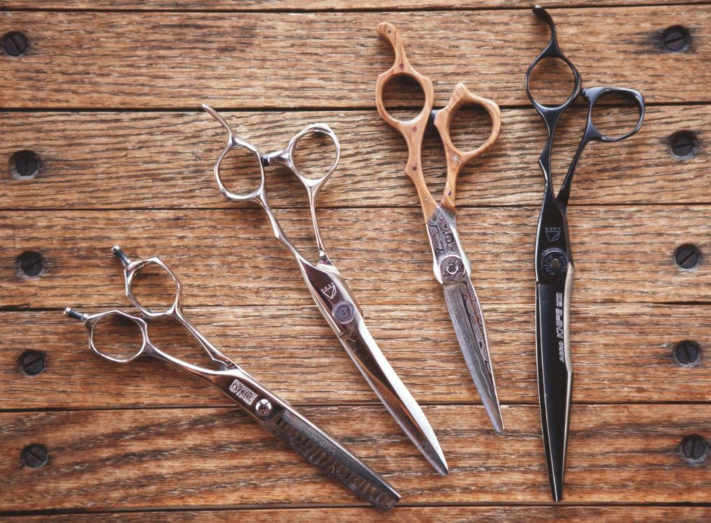 Multiple Mizutani haircutting scissors for the salon
