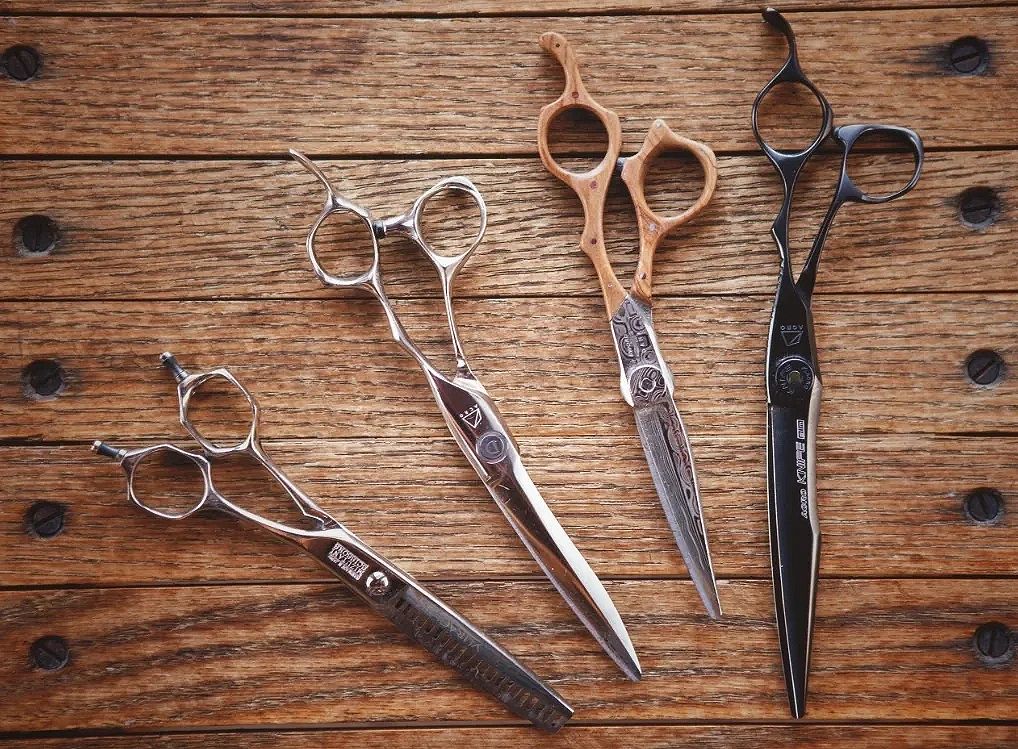 Multiple Mizutani haircutting scissors for the salon
